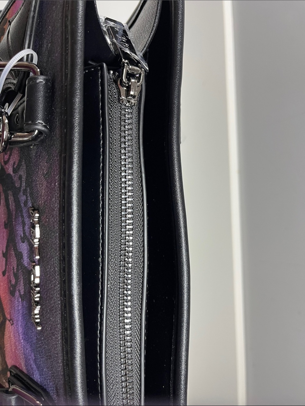 Betsey Johnson Black and Purple Haunted House Crossbody Bag with Bat Charm - Picture 15 of 16